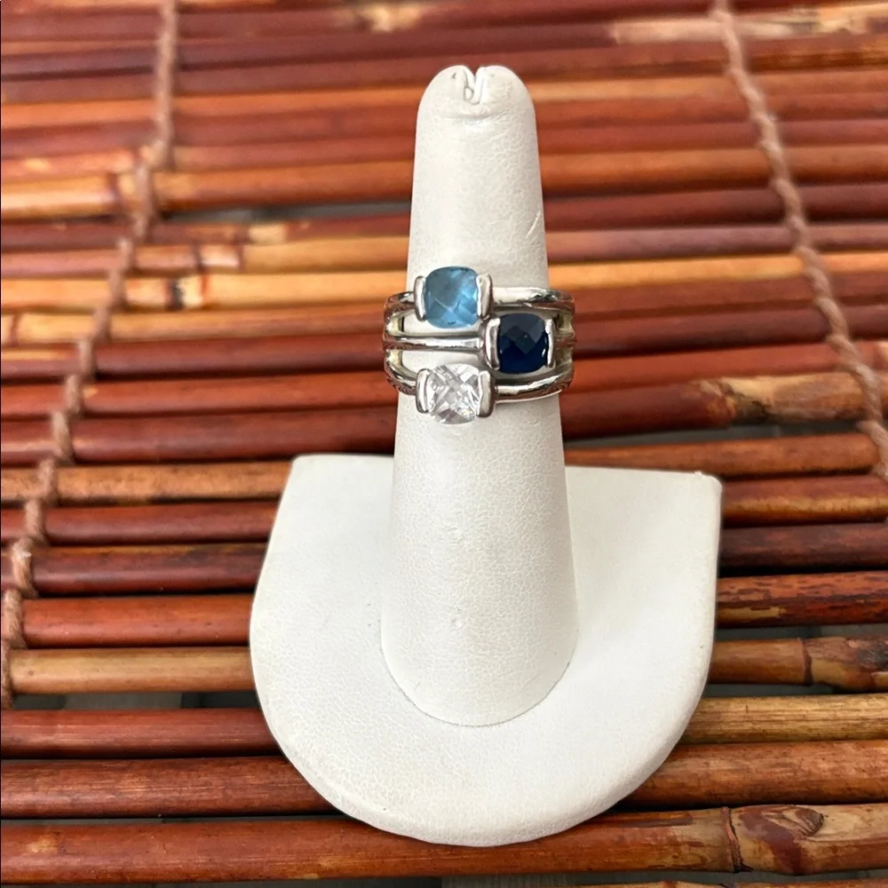 Lia Sophia Silver Ring with Aqua and Navy Stones Size 6